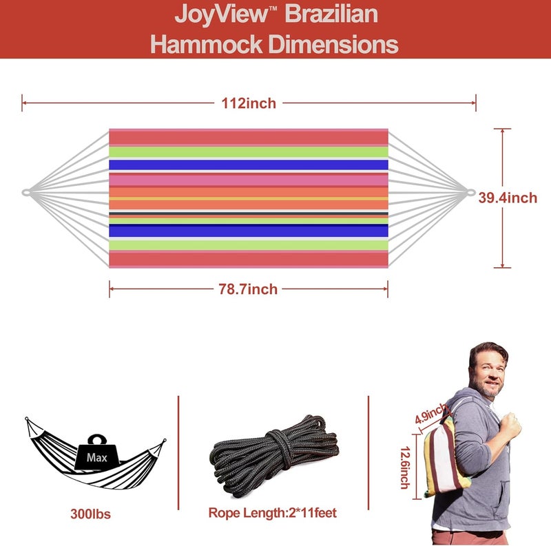 JoyView Brazilian Hammock for Single Preson Portable Hammock with Hanging Ropes & Carry Bag Large 78.8x39.4” for Patio 300LBS Capacity Perfect for Outdoor/Indoor - Color Stripes - Image 3